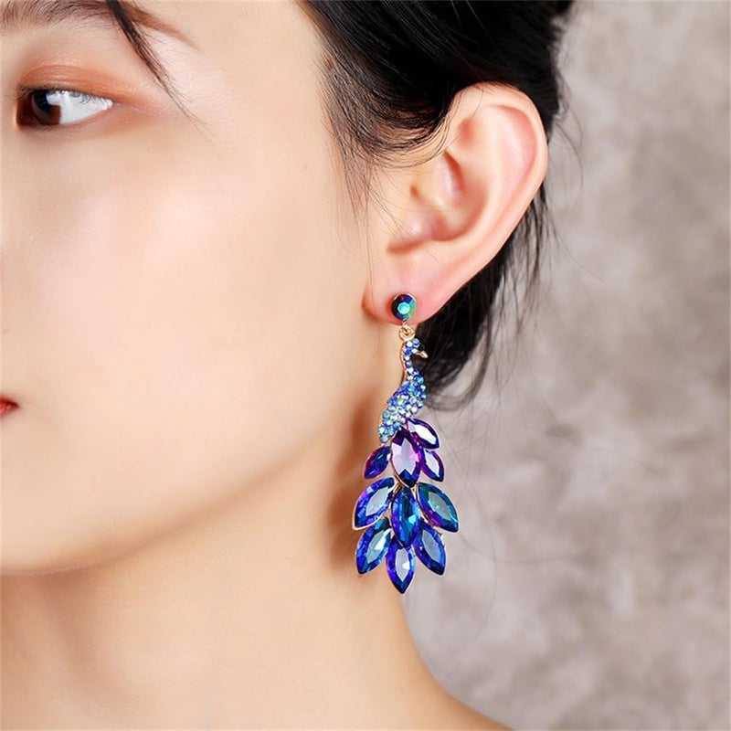 Dtja Vintage Peacock Dangle Earrings for Women 14K Gold Plated Green Crystal Feather Peafowl Statement Drop Dangling Stud Earring Boho Exaggerated Birthday Holiday Jewelry Gifts - Image 2